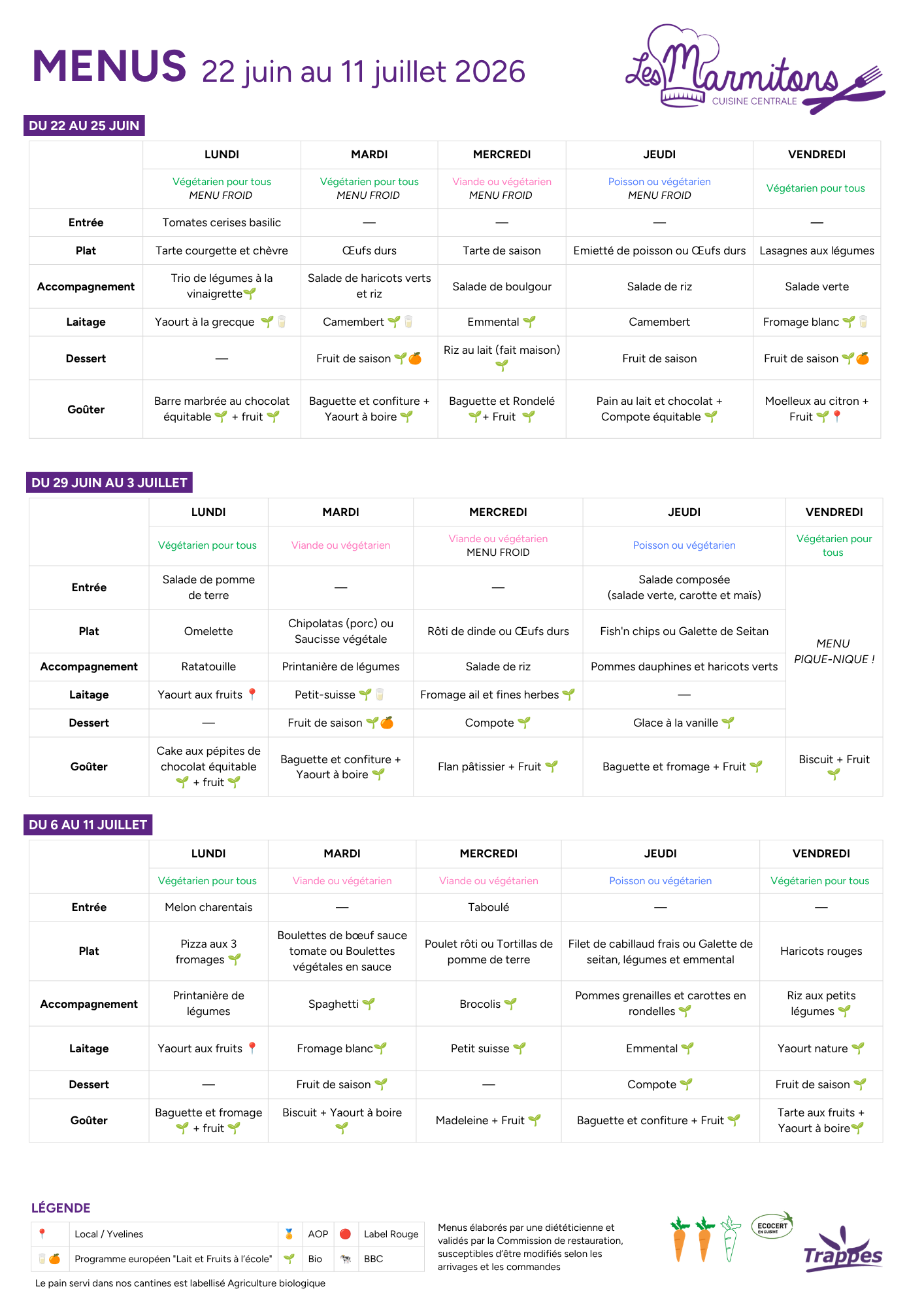menus 22 juin au 11 juillet 2026